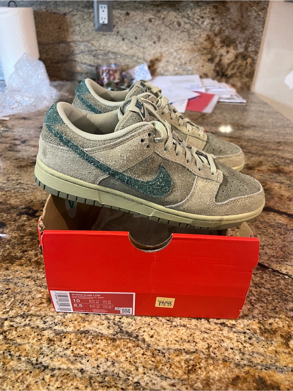 Nike Dunk Low Suede Sneakers in Olive and Teal - Picture 1 of 10
